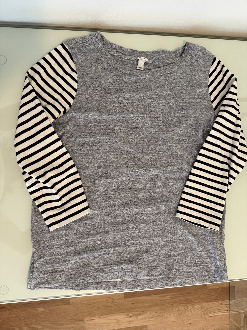 J. Crew Girls' Grey Tee with Black & White Striped Sleeves